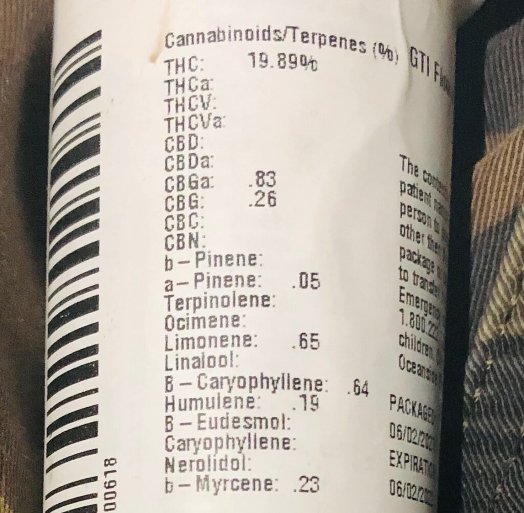 potency and terpene content label for cookie face by rythm gti